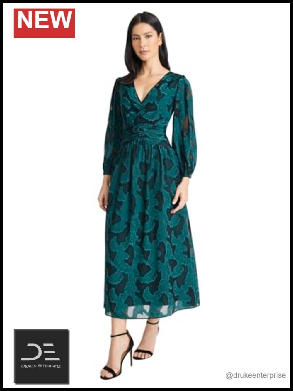 Long Sleeve V Neck Fit & Flare Midi Dress Formal Wedding Guest